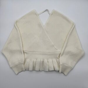 Peach Love California Ivory Surplice Wrap Peplum Ruffle Sweater Cream Small